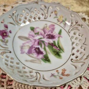 Reticulated Fine China Dish with Purple Orchard Vintage Nasco Japan